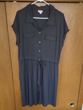 LuLaRoe Black Shirt-Style Midi Dress with Drawstring Waist